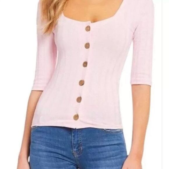 Free People Centeral Park Button Up Baby Pink Blouse Top Women's Size L - Picture 3 of 9